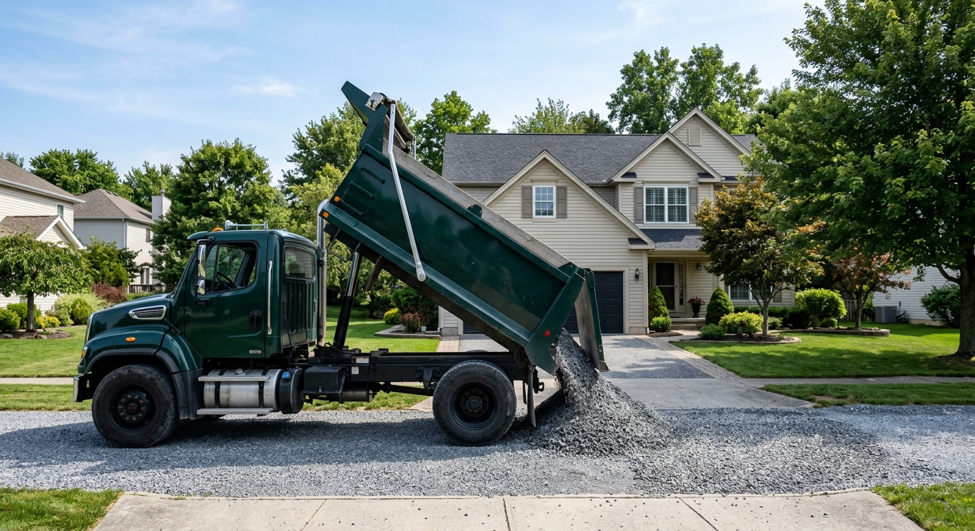 Dump truck unloading gravel onto a residential driveway