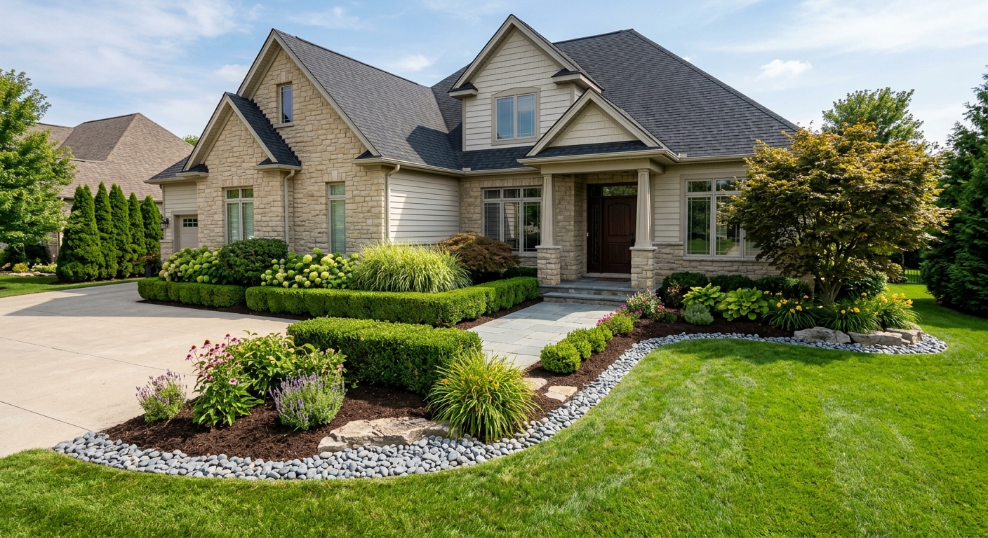 Finished residential landscaping with mulch beds and river rock borders
